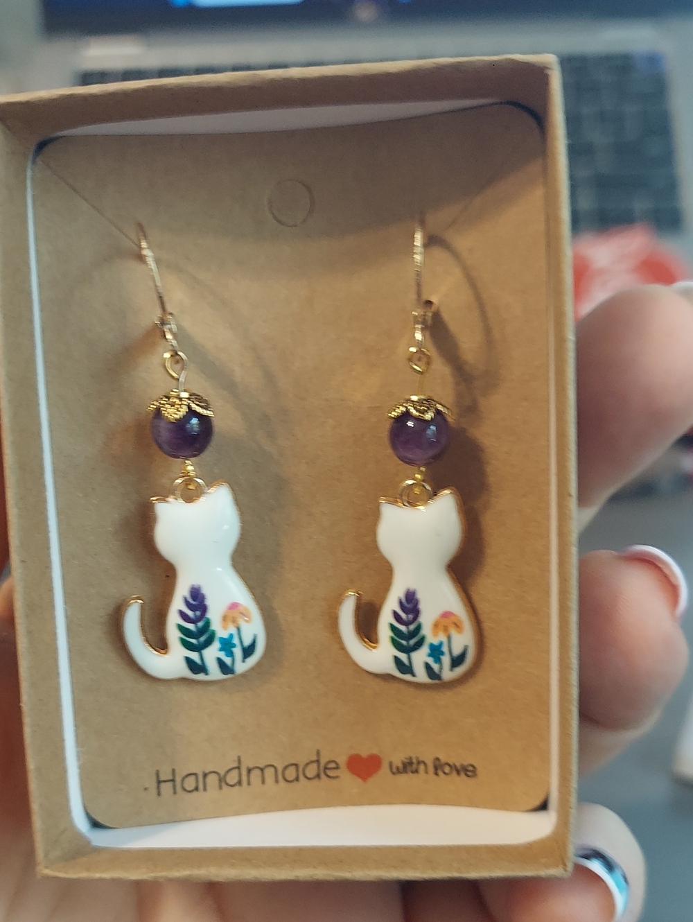 Handmade White Floral Cat Dangle Earrings with Purple Bead